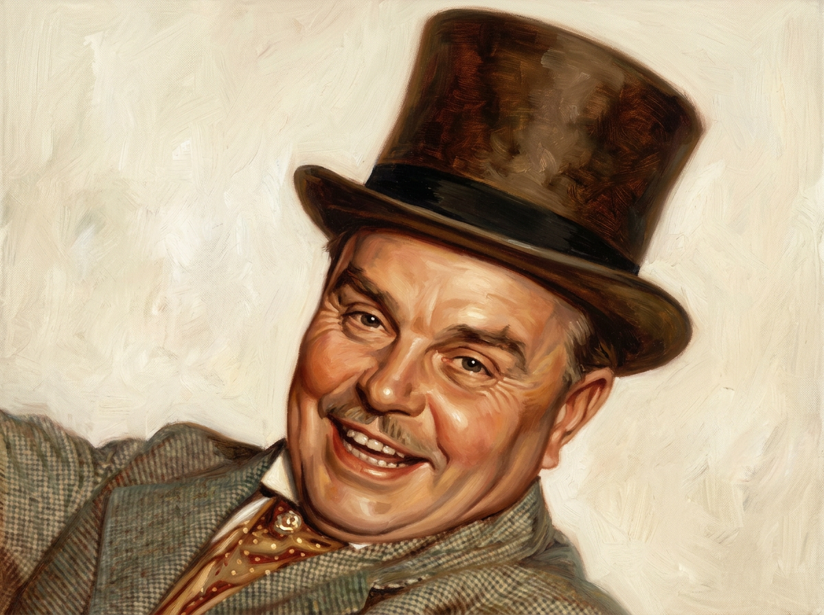 Billy Butlin laughing in a top hat — painted portrait